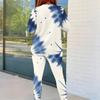 Women Plus Size White Blue Printed Round Neck Long Sleeve Top Fitted Pants Two Piece Set
