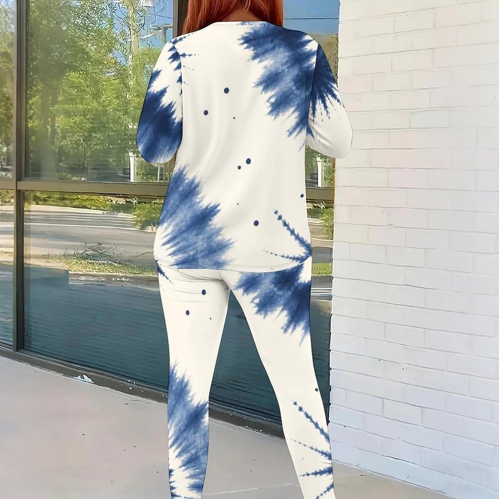 Women Plus Size White Blue Printed Round Neck Long Sleeve Top Fitted Pants Two Piece Set