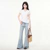 White irregular ruffle front shoulder crew neck short-sleeved T-shirt women's summer high-end spice slim top