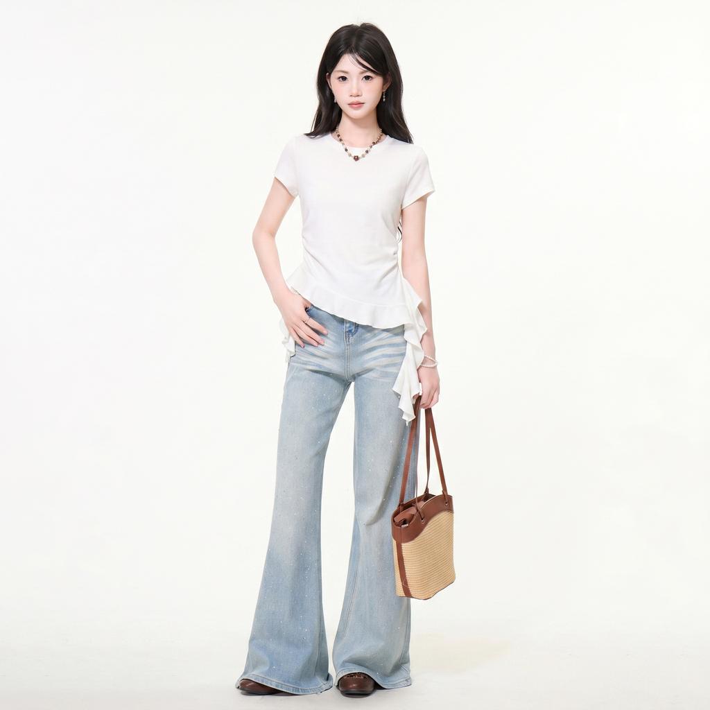 White irregular ruffle front shoulder crew neck short-sleeved T-shirt women's summer high-end spice slim top
