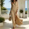 Damen One-Shoulder Maxikleid mit hohem Schlitz Langarm Locker Fließend Strand Sommerkleid Lässig Reise Urlaub Gestricktes Langes Kleid