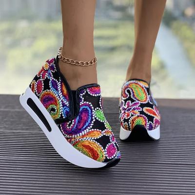 Damen Keilschuhe Neue Frühlings- und Herbstmode Runde Zehenpartie Blumenmuster Stickerei Mesh Plateau Sneakers Erhöhen Sie die Höhe Schuhe