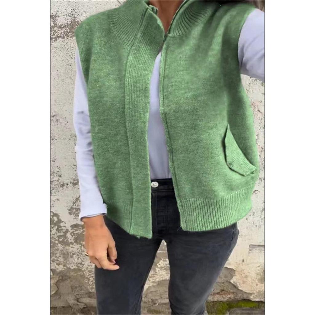 Winter Women's Stand Collar Zip Knitted Vest Loose Casual Open Front Sweater Gilet for Autumn Winter