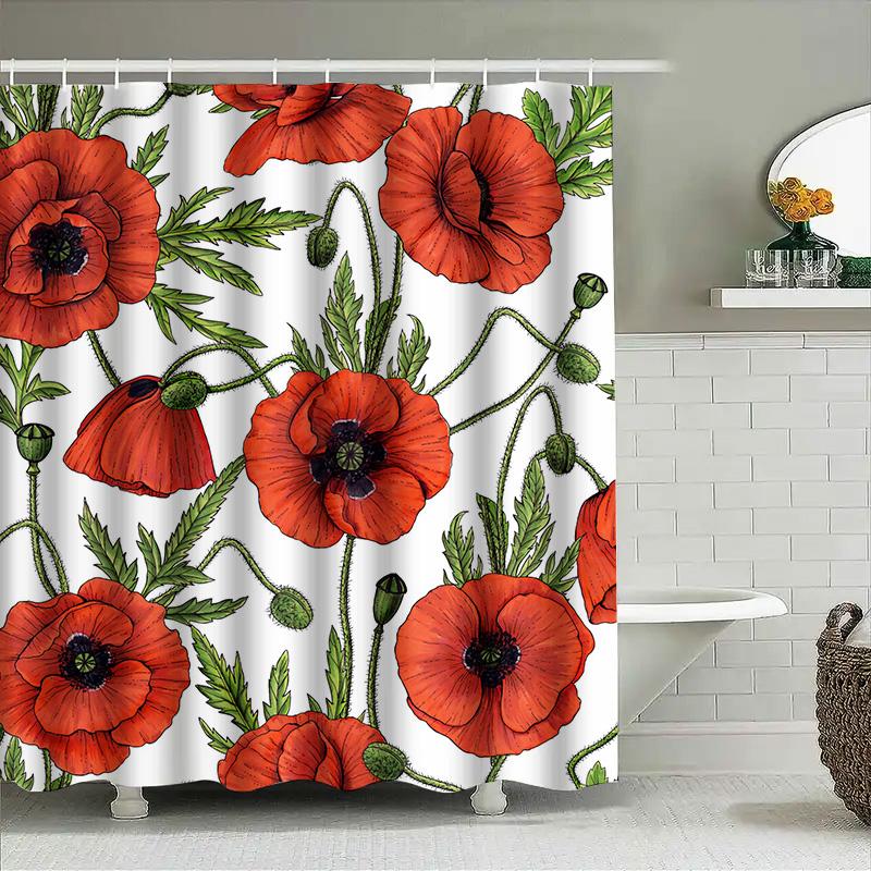 Roter Mohn Duschvorhang Badezimmer Dekor Blumendruck Wasserdicht Waschbar Modern Shabby Chic Heimdekoration 72X84 (Weißer Hintergr