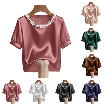 Camiseta de Moda para Mujer de Satén con Perlas, Cuello Redondo, Manga Corta, Top Casual