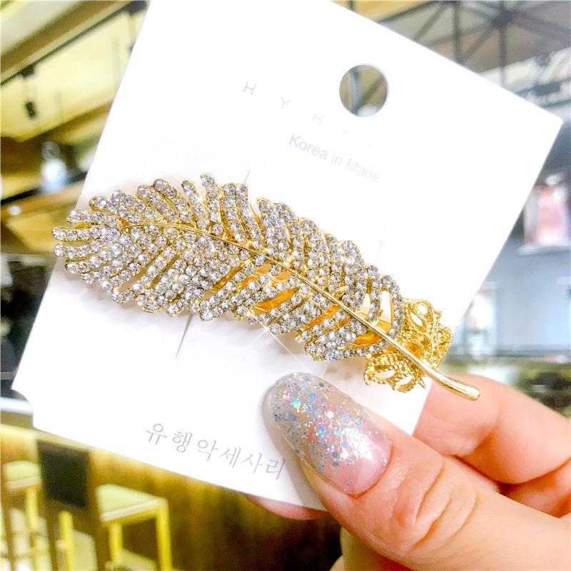 Korean Crystal Feather Hair Accessories Jewelry Gold Silver Color Metal Big Hair Clips for Women Wedding Headwear Girls Hairpins