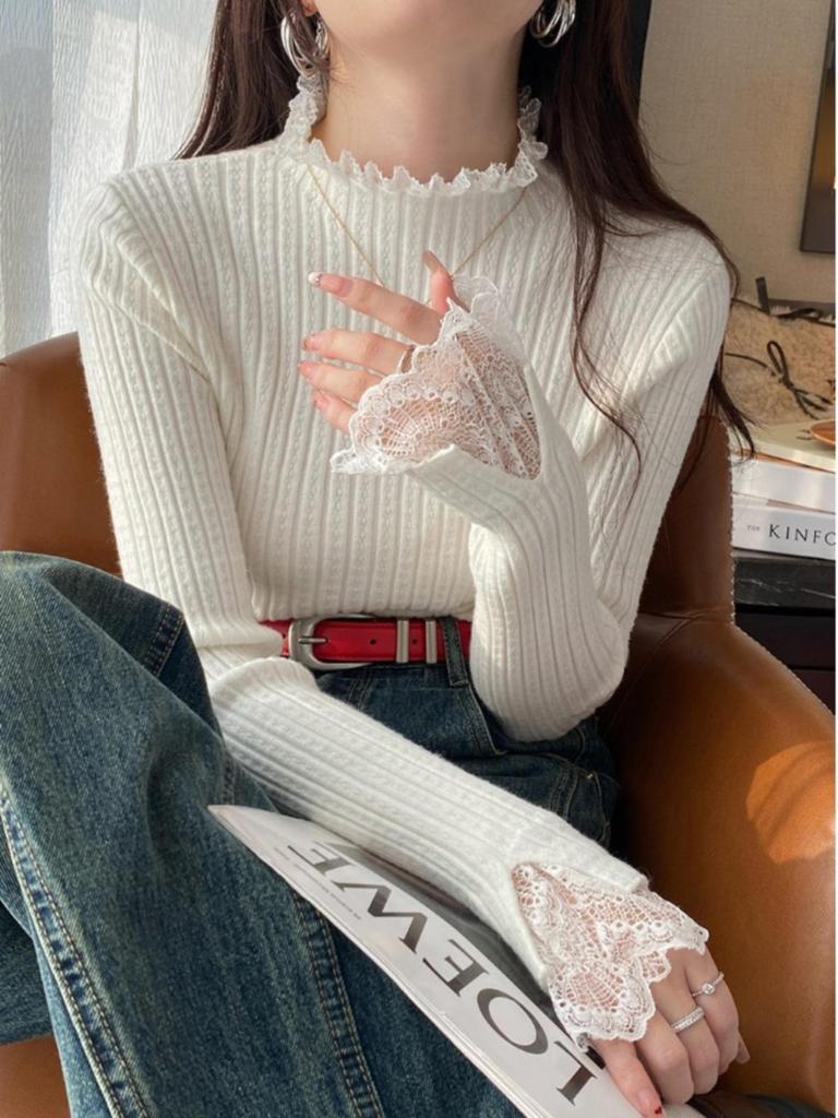 Women's 2024 Luxe Lace Knit Base Layer: White Half-High Neck Top for Spring, Autumn, Winter