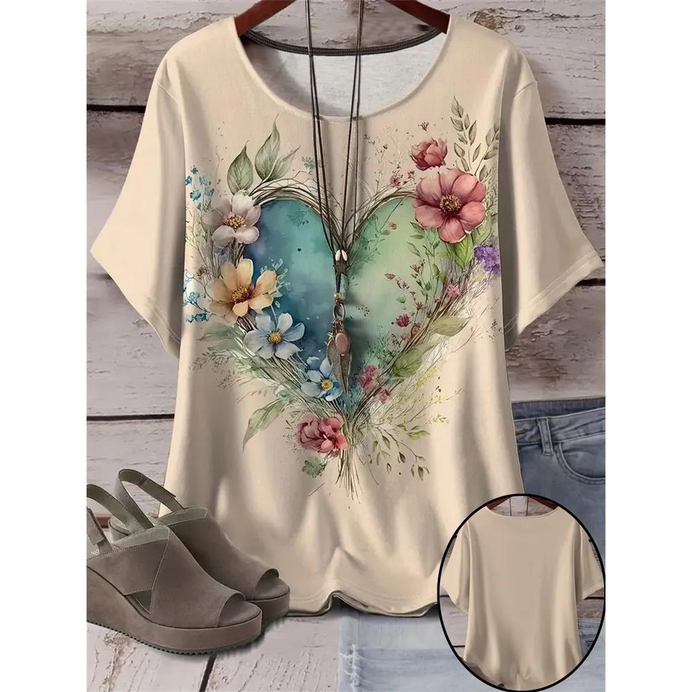 Modisches vielseitiges Damen-Oberteil mit Blumenmuster, lässiges kurzärmeliges T-Shirt für den täglichen Komfort