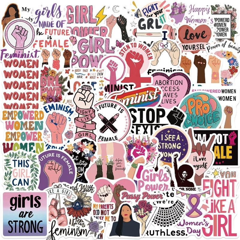 200 Pieces of Pink Sticker Decorative Phone Water Bottles for Female Feminist Groups with Waterproof Cartoon Designs