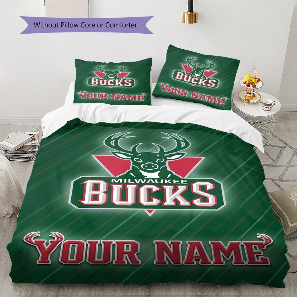 Name Custom Milwaukee Bucks Logo Pattern Bedding Set Quilt Cover Pillowcase Home Decor Gift (1 * Duvet Cover + 2 * Pillowcase, Without Core)