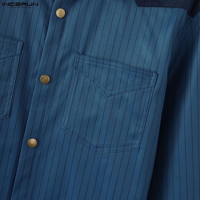 INCERUN S-5XL Men Lapel Neck Long Sleee Patchwork Striped Print Buttons Down Shirts