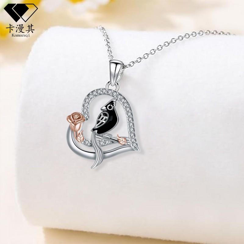 Heart Shape Parrot Pendant Necklace Women Fashionable Copper Charm On Cross Chain Adjustable 41-50cm