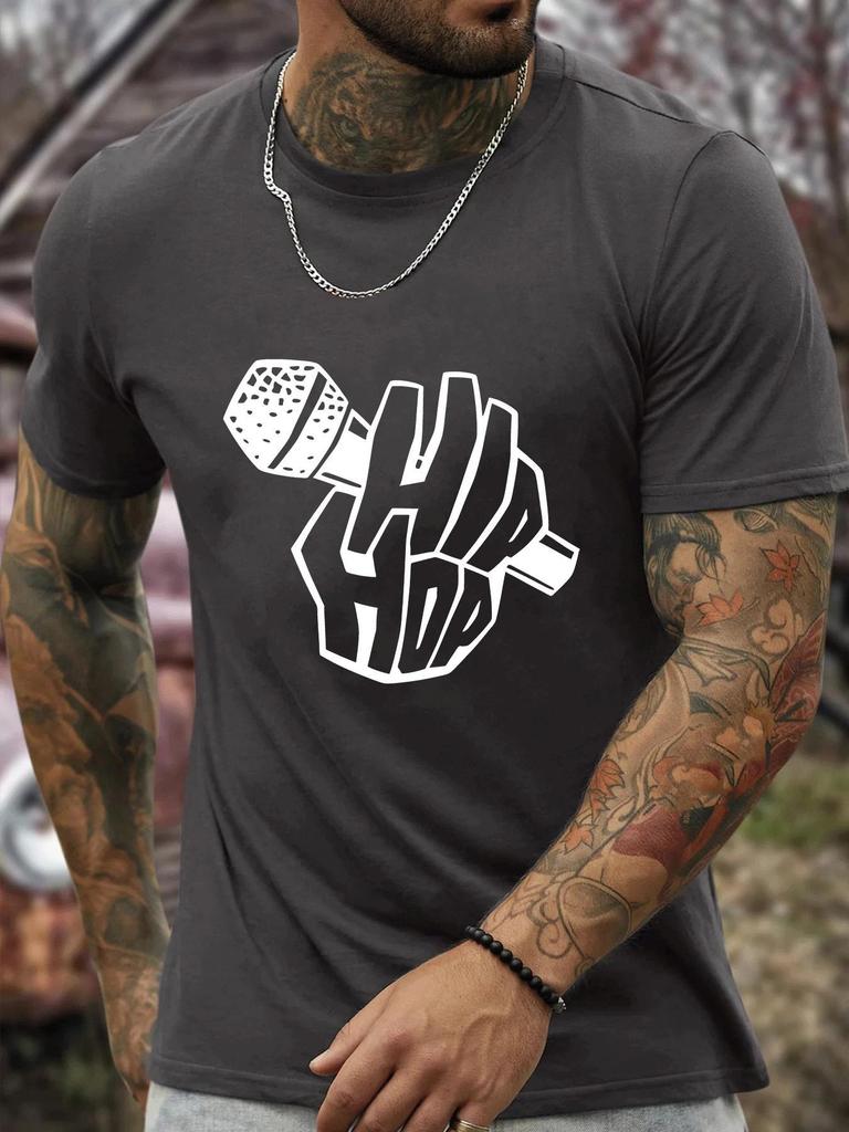 Hip Hop Microphone Print Unisexs Crew Neck T Shirt Vintage Rap Music Text Graphic Short Sleeve Casual Cotton Urban Street Tees