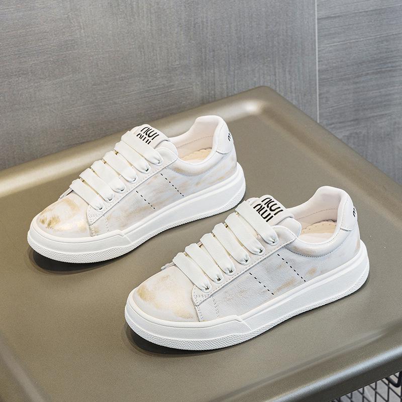 Women's Classic Genuine Leather White Sneakers - Retro Style, Thick Sole, Versatile Casual Skate Shoes