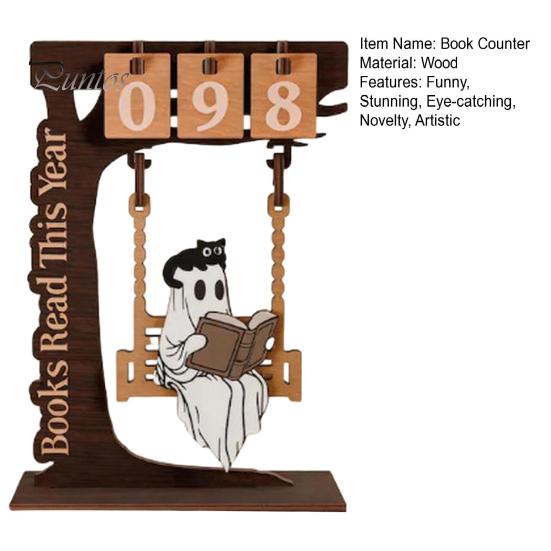 Unique Gift for Book Lovers Halloween Read This Year Counter, Funny Ghost Swing Wooden Ornament, Inspired Bookish Decor Gothic Reading Figurine