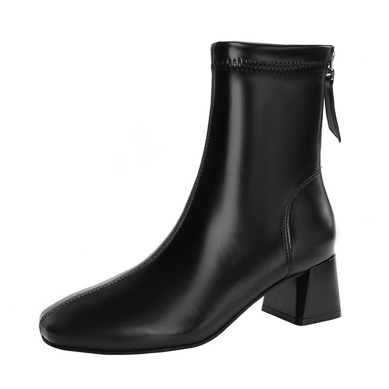 Square head short boots women's thick heel 2025 new autumn and winter high heel medium tube women's boots brown thin French short boots