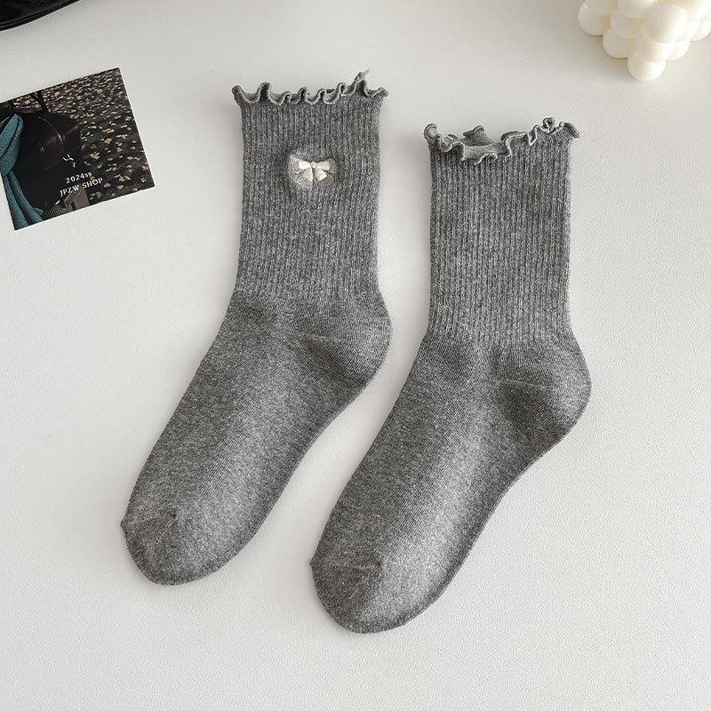 Ladies Spring and Autumn Fungus Lace Bow Embroidery Medium Tube Pile Pile Cotton Socks