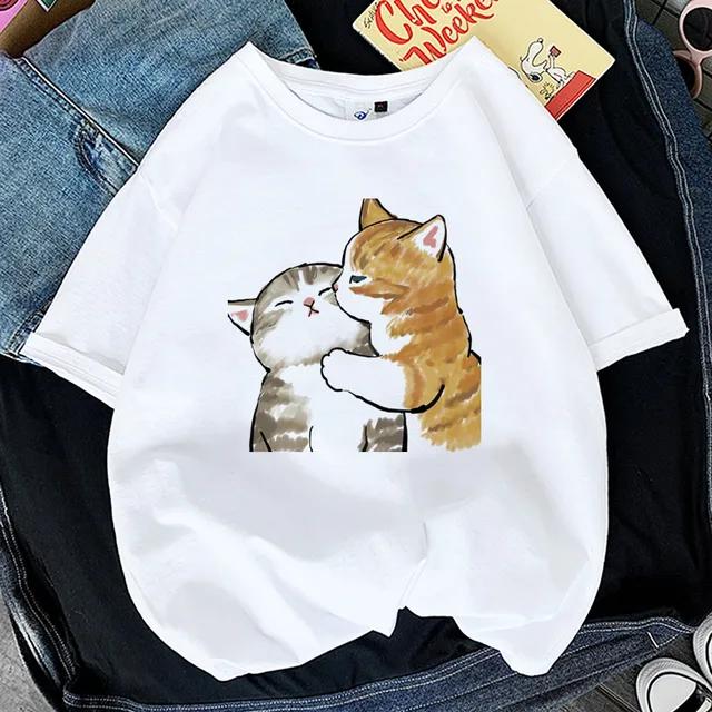 Kawaii Katt Damer Tryck Rolig T-shirt Flicka Djur Y2K Mode 90-tals Tryck Toppar Tee Gril Svart Vit Kläder,Drop Ship