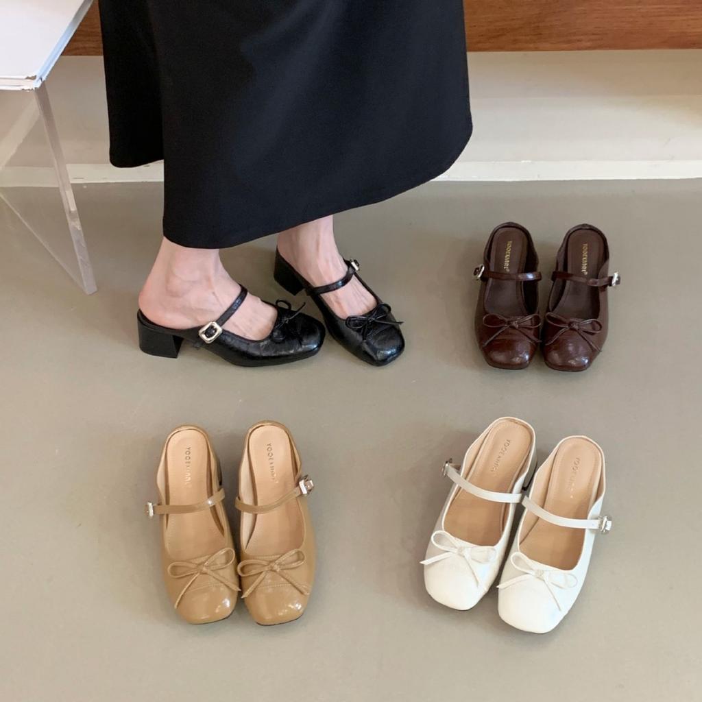 2025 autumn and winter new round head bow with thick middle heel outer wear OL Mary Jane women's half drag