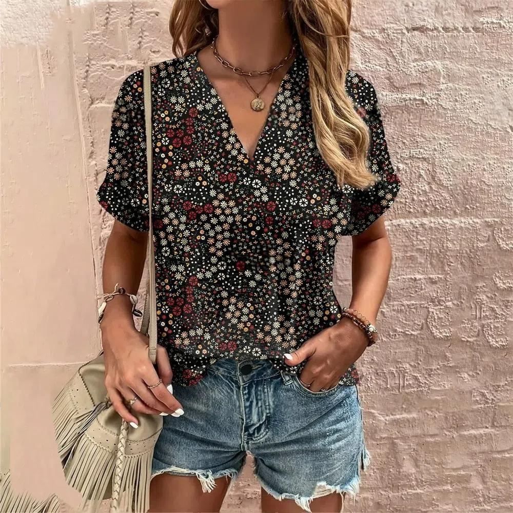S-8XL Plus Size Crushed Flower Casual T Shirts Streetwear Casual Women's Short Sleeve Tops Tees V Neck T-shirt Fashion Clothing
