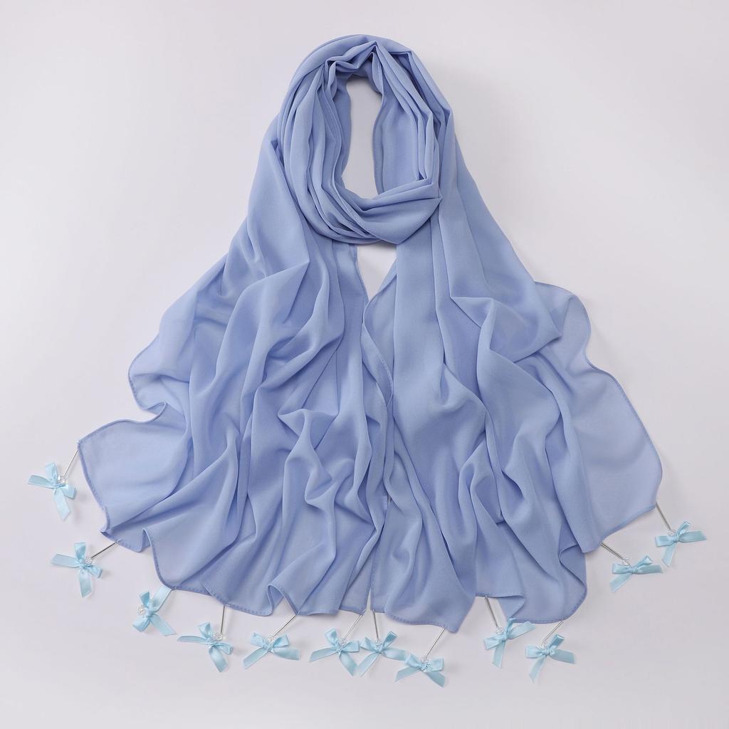 New Chiffon Hijab Veil Scarf Hand-Sewn Glass Tube Bow Long Scarf Gauze Horse Muslim Women Hijab Islam Turban Headscarves Ladies