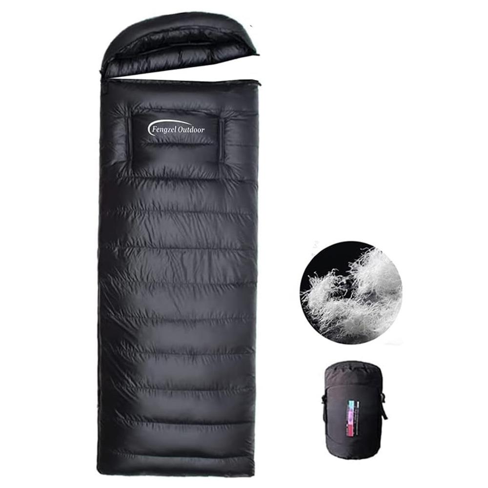

Envelope sleeping bag, 90% white duck down 1000g filling, cold protection and warmth, outdoor camping, can stretch your arms and чёрный
