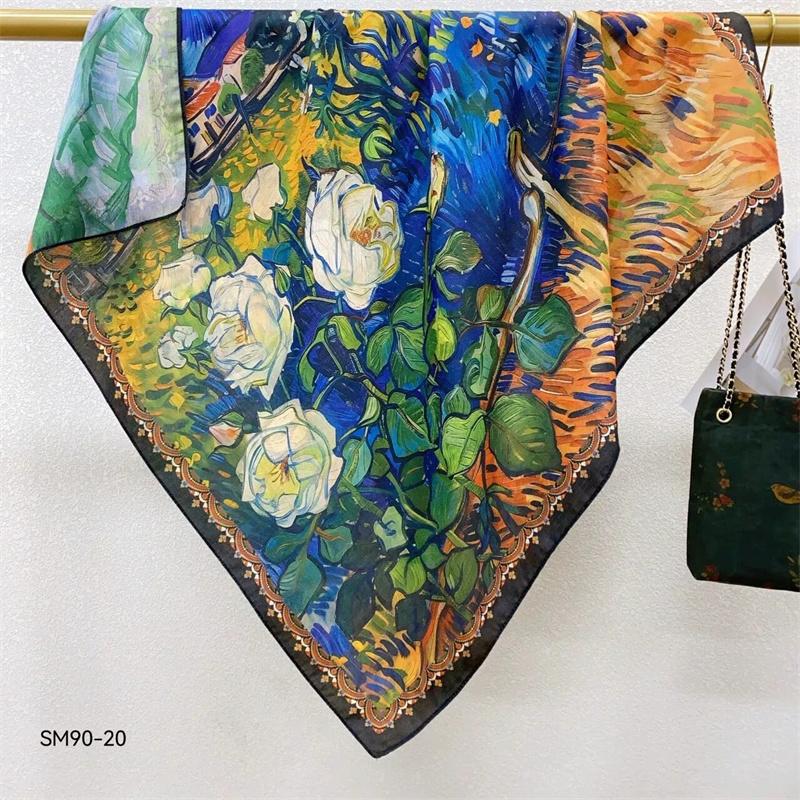 Double-Sided Faux Silk And Wool Printed Scarf For Women Spring And Autumn 90Cm Square Scarf Foulard Bandana Femmel Headscarf