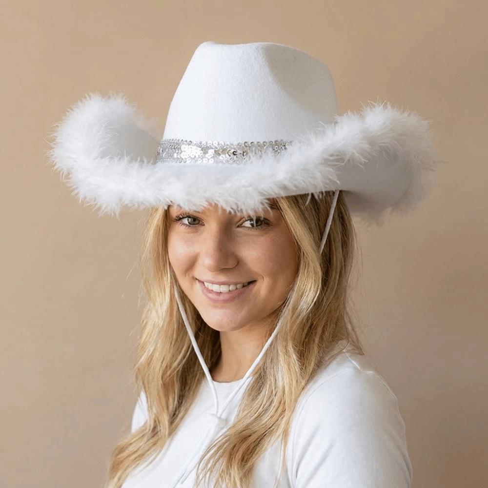 Furry Trim Western Cowboy Hat Solid Color Top Hat Fashion Sequin Cowgirl Hat Stage Performance