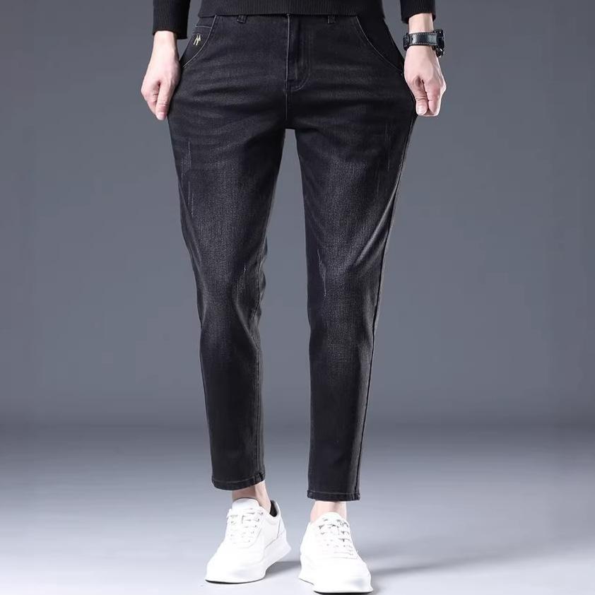 Spring Four Seasons New European, American and Hong Kong Elastic Slim Fit High Nine-point Straight Jeans Men's Trend