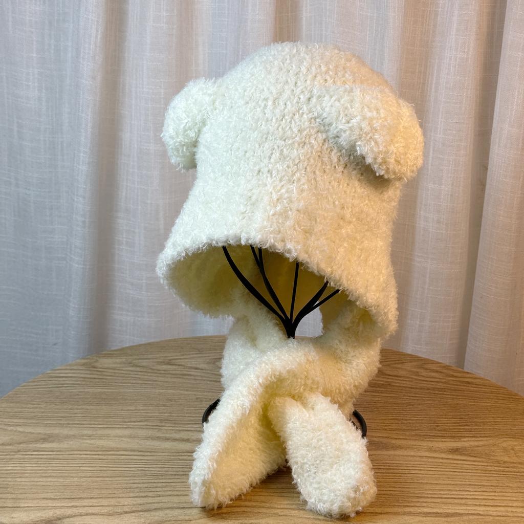 Versatile Cute Little Bear Hat for Women In Autumn and Winter Lamb Velvet Warm and Cold Hat Cold Proof Ear Protection and Neck Scarf All In One Hat