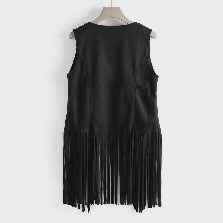 Dámská letní vesta s třásněmi z jelenice: Jednobarevný, bez rukávů, ležérní kardiganový top