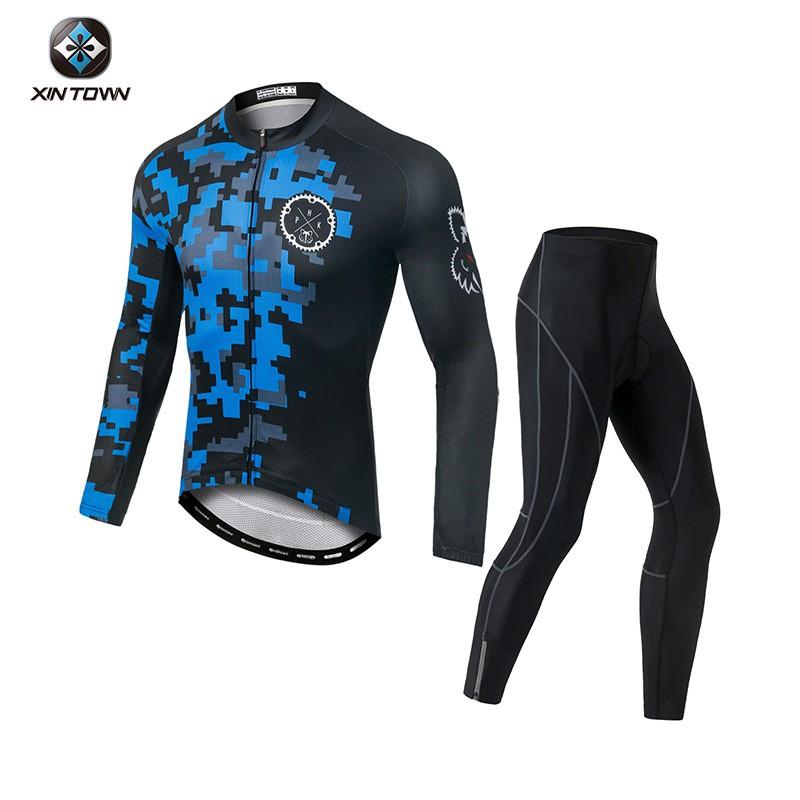 XINTOWN Mens Cycling Long Jersey Set Blue Emperor Road Bike Racing Suit Breathable