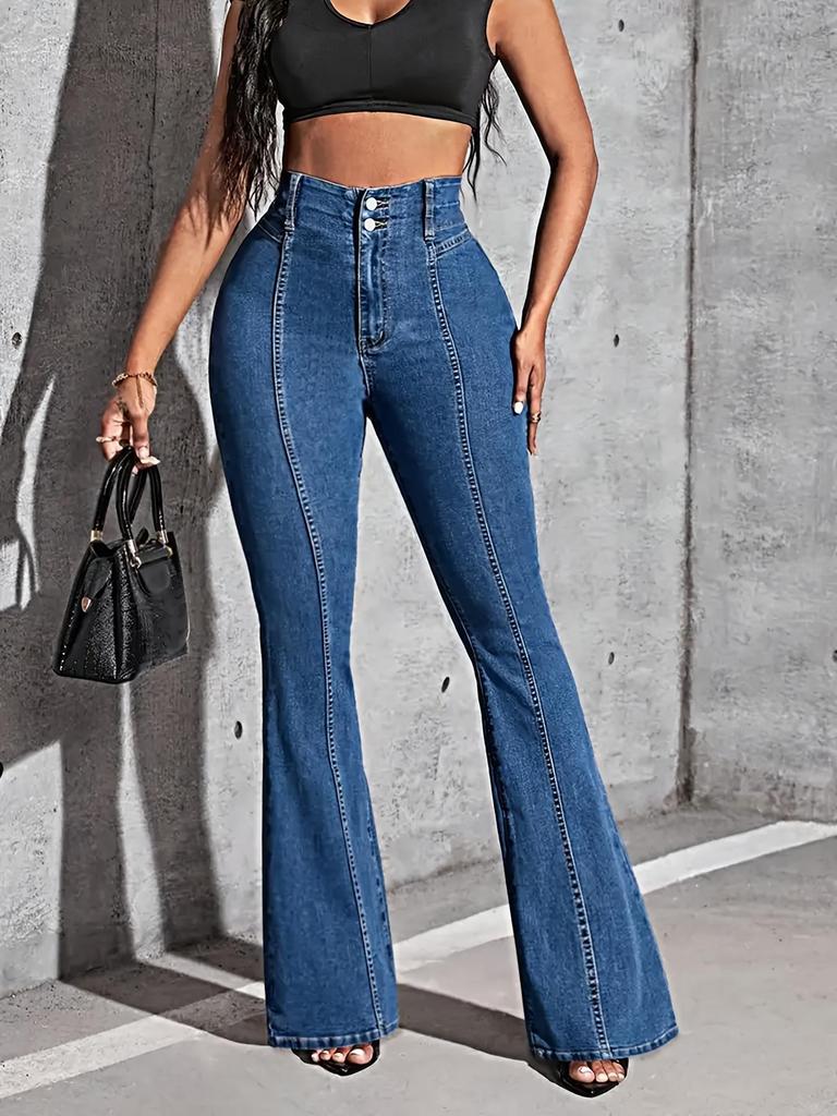 Women's High-Waisted Patchwork Flared Stretch Jeans - Spring/Autumn