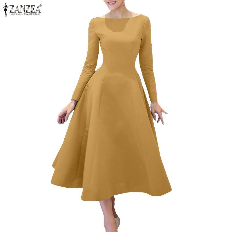 ZANZEA Women Casual Round Neck Solid Color Long Sleeve A-Line Dress