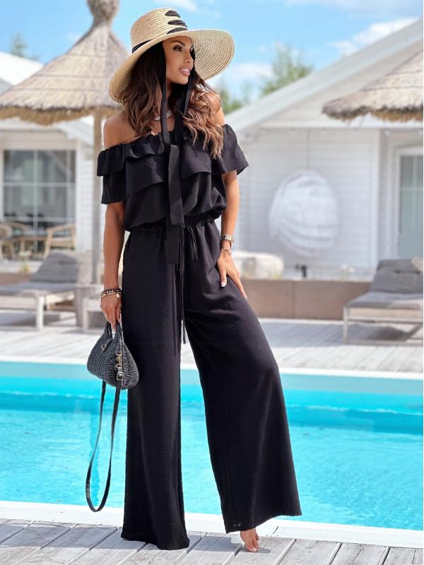 2024 One-Shoulder Ruffle Tie-Waist Wide-Leg Jumpsuit for Women