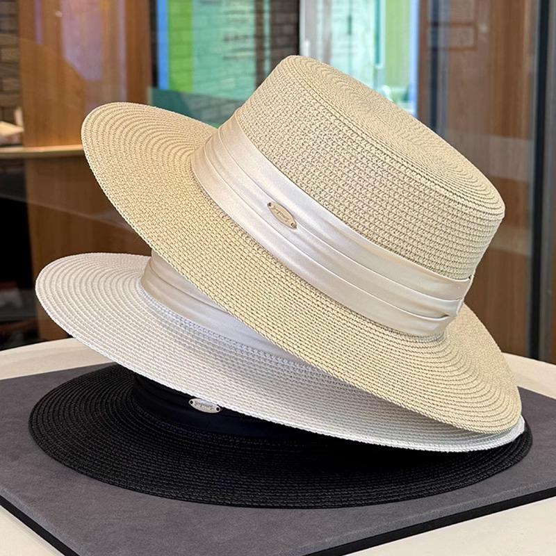 Celebrity Style Flat Top Straw Hat Women's Spring and Summer New Flat Top Top Hat Elegant Satin Temperament Straw Sun Hat
