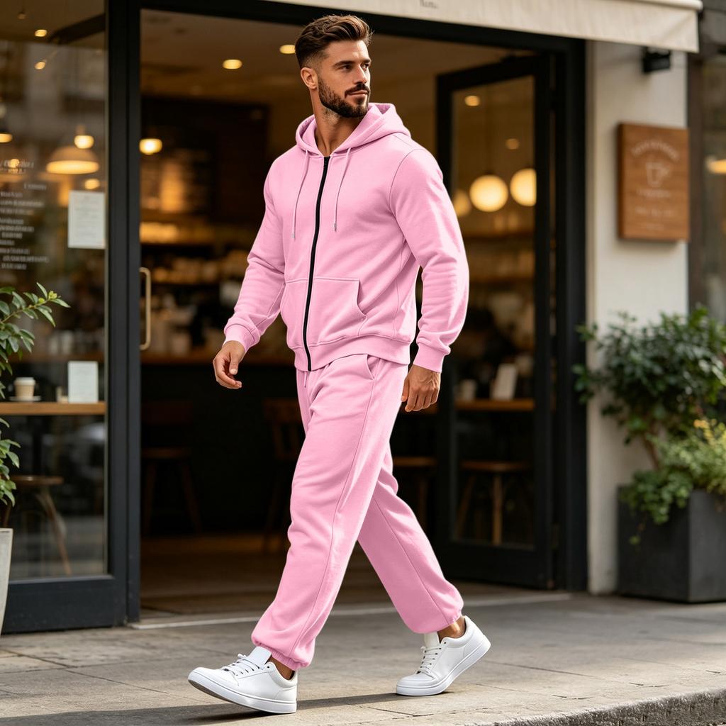 Men's Zip-Up Hoodie and Jogger Set with Multiple Pockets for Activewear