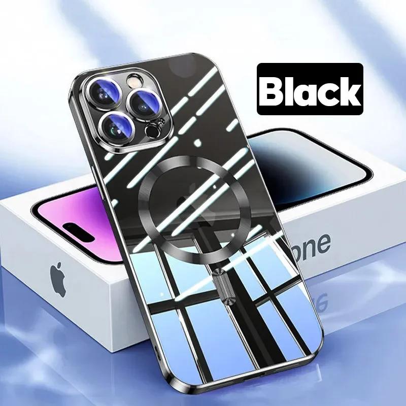 Luxury Wireless Charge Magsafe Phone Case For iPhone 15 14 13 12 11 Pro Max Plus Transparent Magnetic Electroplate Bumper Cover