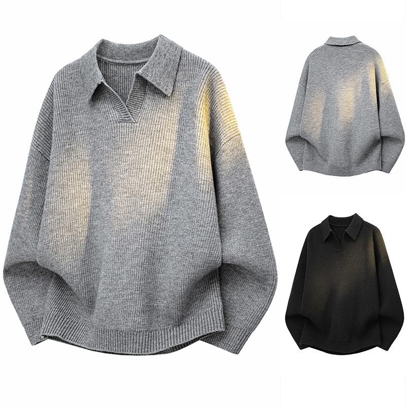 Men Casual Business Loose Long Sleeve Turn Down Collar V Neck Knit Polo Sweater