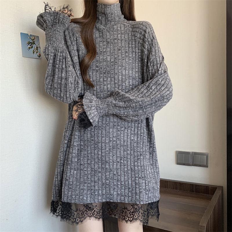 Women's Plus Size Retro Lace High-Neck Sequin Sweater - Autumn/Winter Hip-Length Base Layer