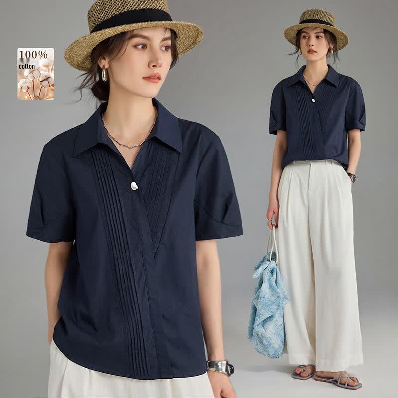 Wudao Women s 100% Cotton Pleated Oblique Placket Shirt XL