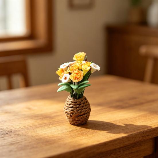 Dollhouse Potted Plant 1:12 Scale Hand-Kneaded Miniature Rattan Flower Pot with Lifelike Petals Leaf Veins Dollhouse Decor Accessory