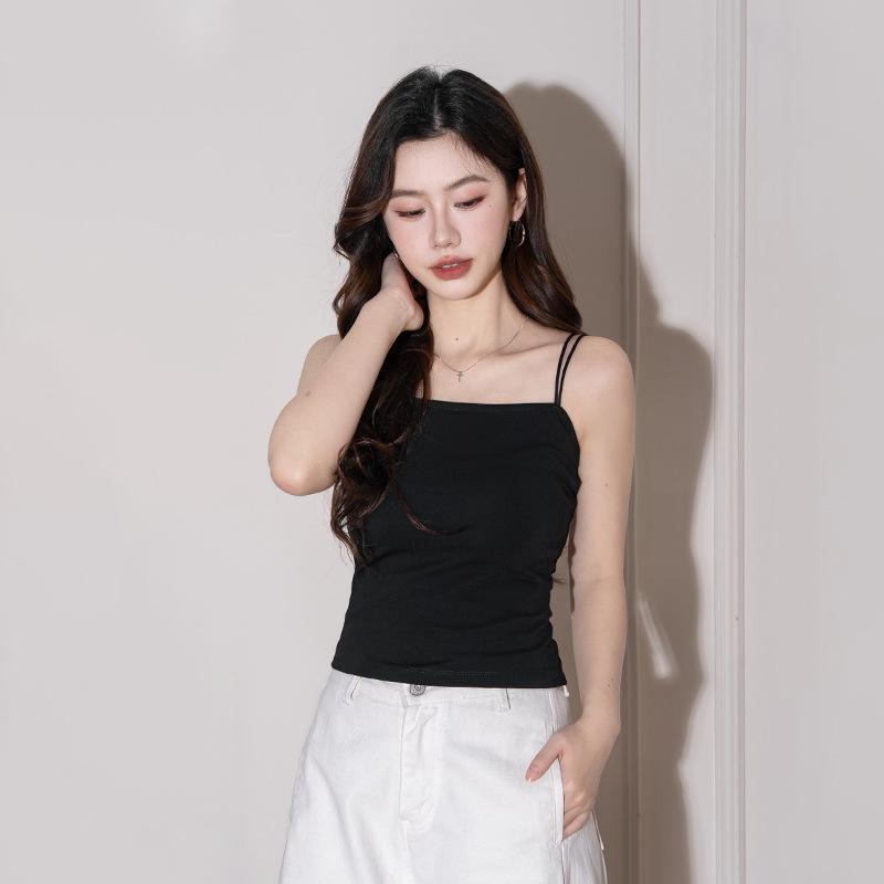Black Slim-Fit One-Shoulder Tank Top - Double Strap, Covers Armpit Fat, Versatile for Spring/Summer 2026