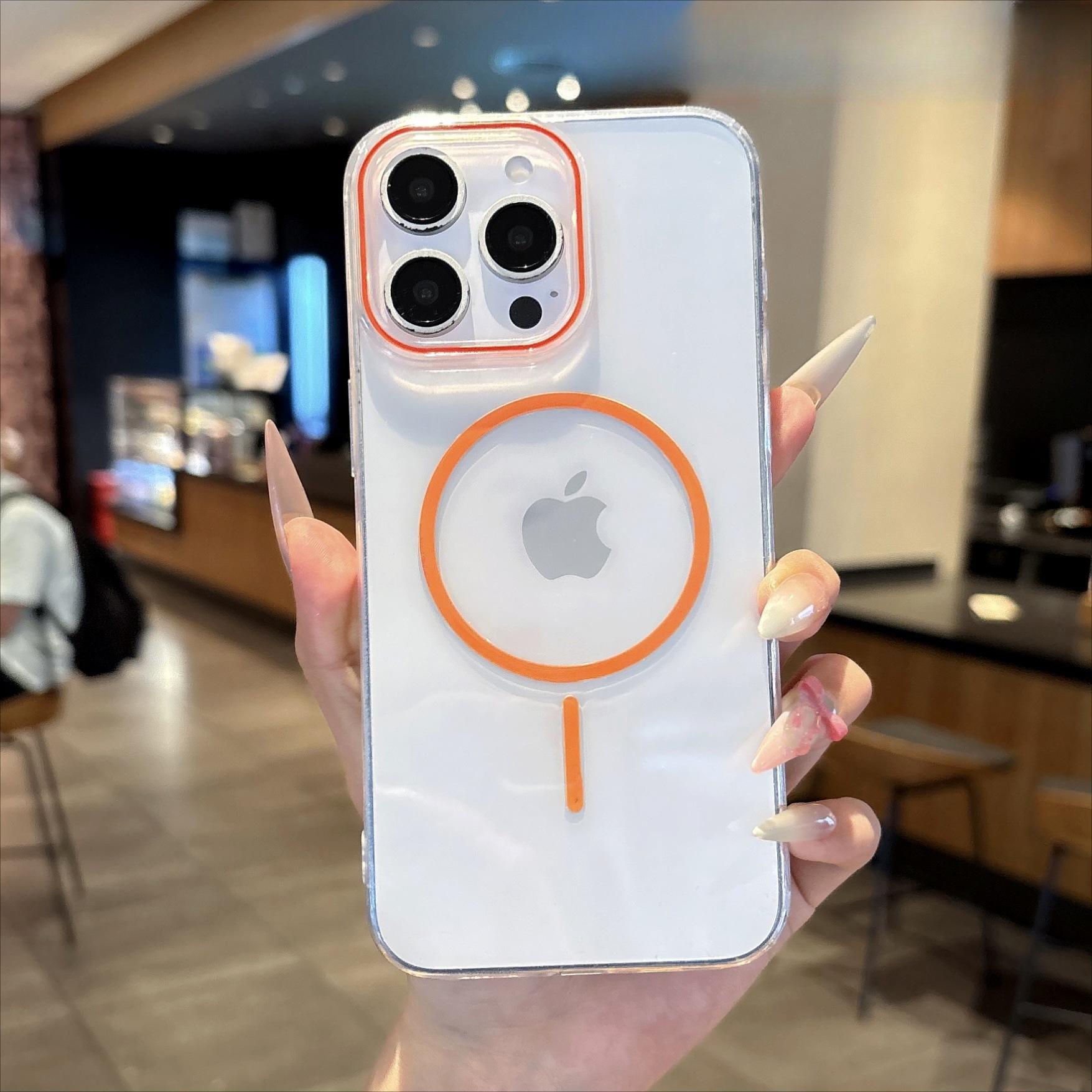 

Color Transparent Magnetic TPU Soft Case Suitable for IPhone16PRO Mobile Phone Case 11 Apple 15 Transparent Fine Ring Protective Case XR iPhone 16promax оранжевый