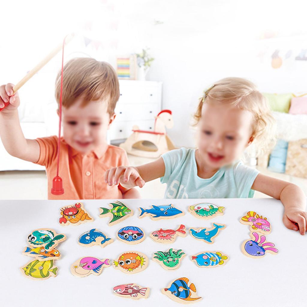 Wooden Magnetic Fishing Game Fine Motor Skill Magnet Fish Catching Counting Toy for Preschool
