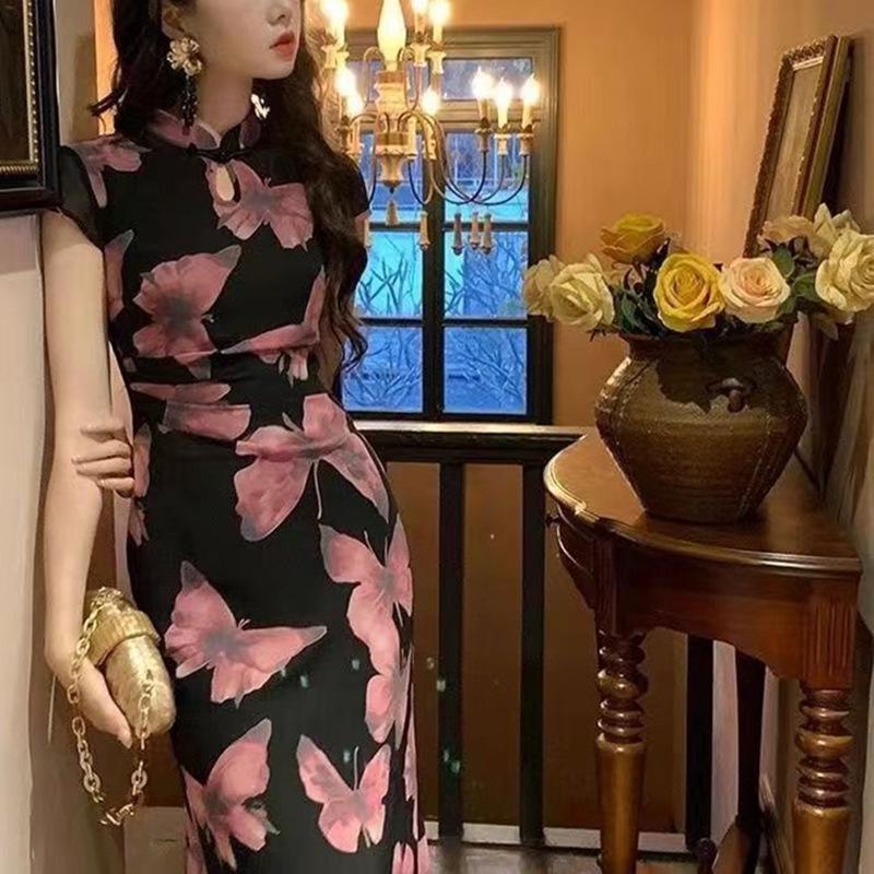New Chinese Butterfly Print Summer Cheongsam - Short Sleeve Long Dress