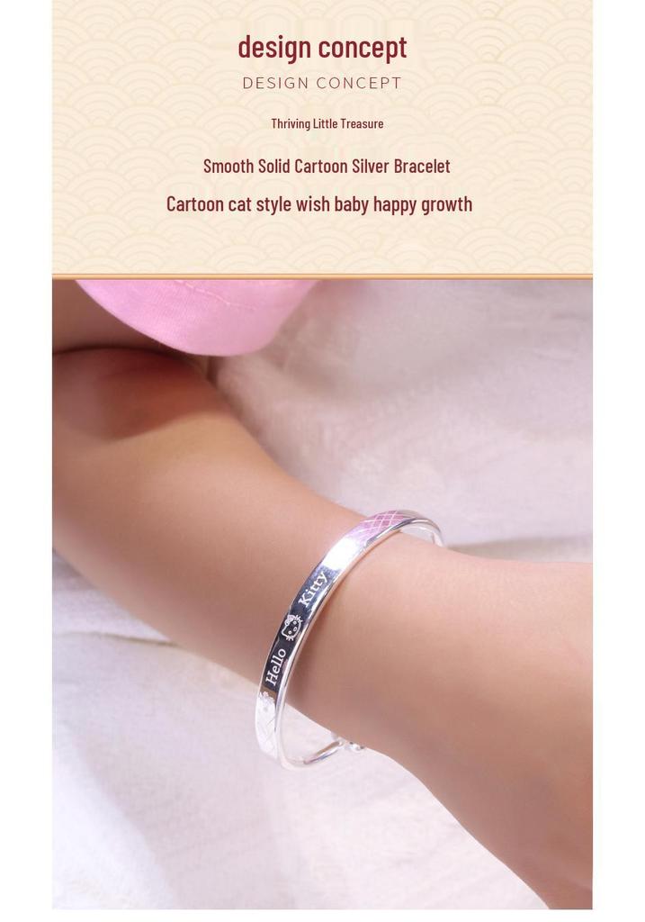 Big Kids 9999 Sterling Silver Keti Cat Bracelet - Solid Silver, Push-Pull Bangle, Engravable, Simple Design for Children.