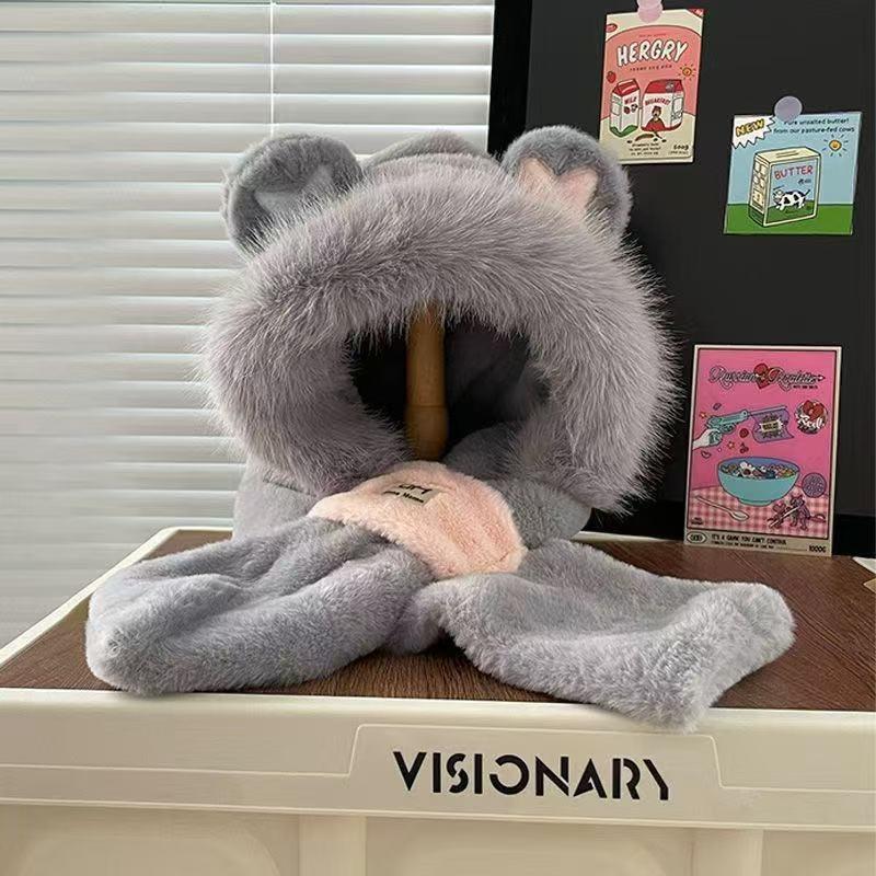 

Зимний новый плюшевый милый медведь теплый утолщенный комплект из двух частей двухслойный с защитой ушей шарф интегрированный детский