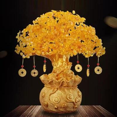 19Cm 14Cm Delicato Albero del Denaro in Cristallo Giallo Ornamento Casa Ufficio Negozio Feng Shui Decorazione Artistica Tavolo Albero Fortunato della Ricchezza