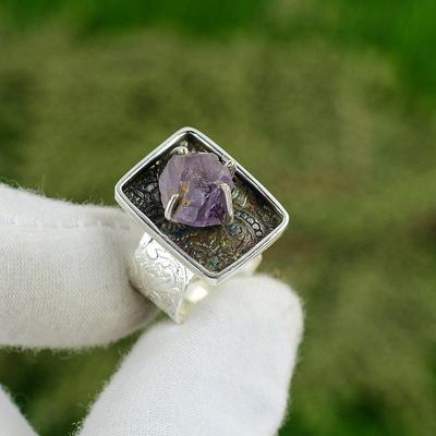 Gift For Her 925 Silver Natural Amethyst Rough Solitaire Adjustable Ring